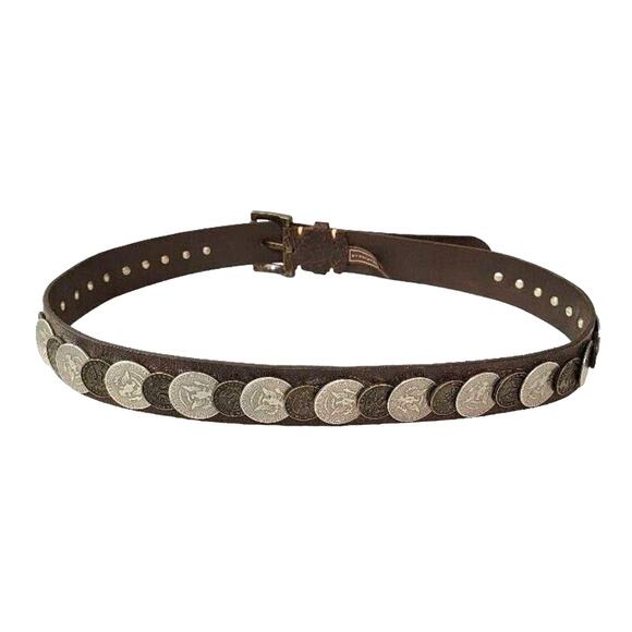 Vintage Trafalgar Italian Coin Belt Crackle Leather Bronze Rustic Sz L Brown - Picture 1 of 13